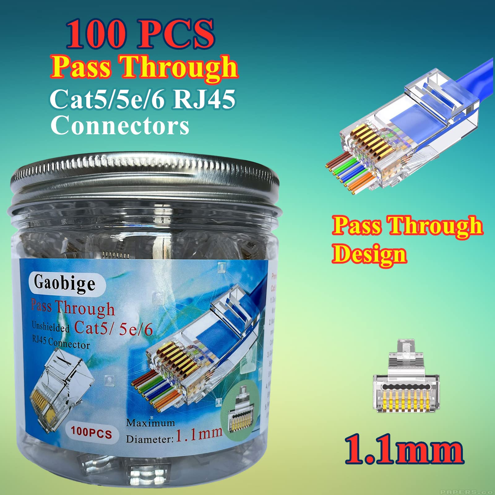 Gaobige 100-PACK RJ45 Pass Through Connectors, RJ45 Ends, Cat5 Cat5e Cat6 RJ45 Connectors for Solid Wire and Standard Cable - 100 Pack (1.1mm UnShielded RJ45 Pass Through Connector)