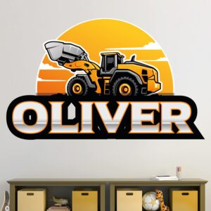 adesiivostudio construction decor for boys room: playful & vibrant custom name wall decal with excavator design, watercolor construction room decor for boys (construction sunset)