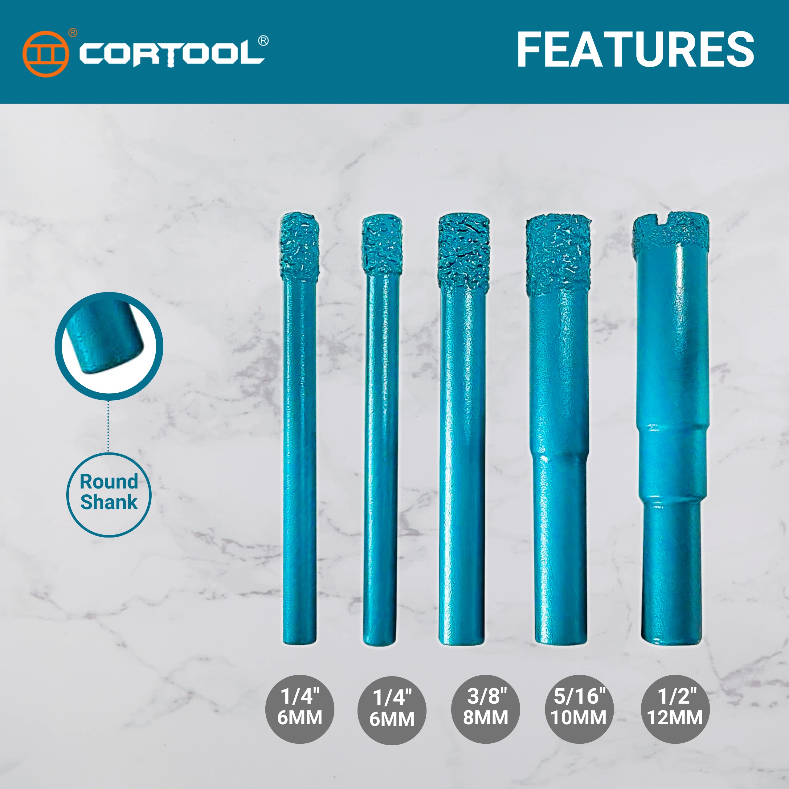 CORTOOL Dry Diamond Drill Bits for Porcelain Tile Ceramic Glass Marble, 5PCS 1/4", 5/16", 3/8", 1/2" Tile Drill Bit, Tile Saw, Vacuum Brazed Diamond Core Drill Bits with Round Hex Shank