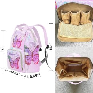 Purple Butterfly Girl Personalized Diaper Backpack with Name,Custom Travel DayPack for Nappy Mommy Nursing Baby Bag One Size