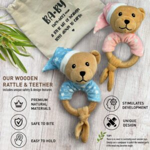 Baby Wooden Rattle Teething Ring, Baby Rattles 0-6 Months, Baby Montessori Newborn Toys, Stuffed Animal Gift for Baby Boy, Baby Teddy Bear (Blue)