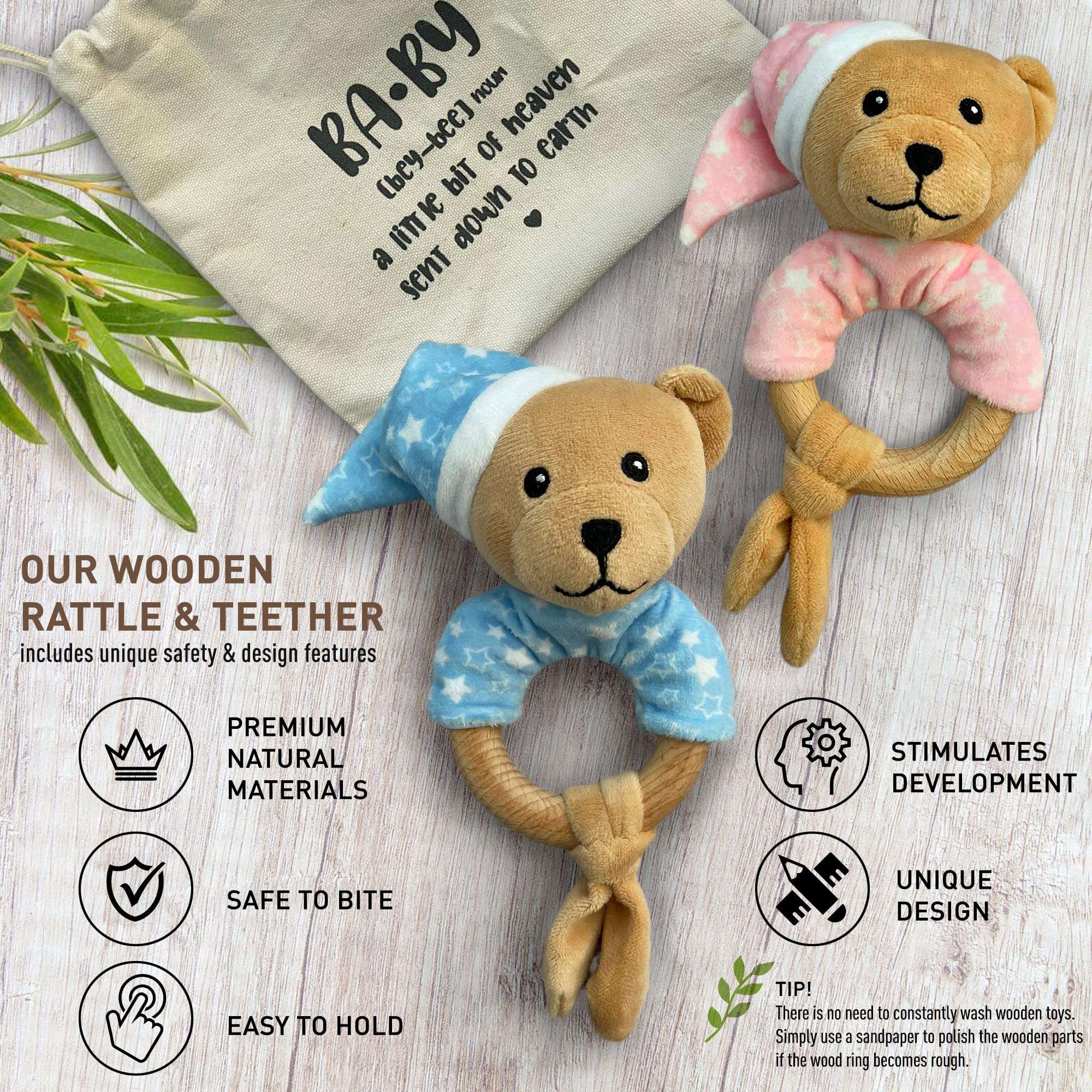 Baby Wooden Rattle Teething Ring, Baby Rattles 0-6 Months, Baby Montessori Newborn Toys, Stuffed Animal Gift for Baby Boy, Baby Teddy Bear (Blue)