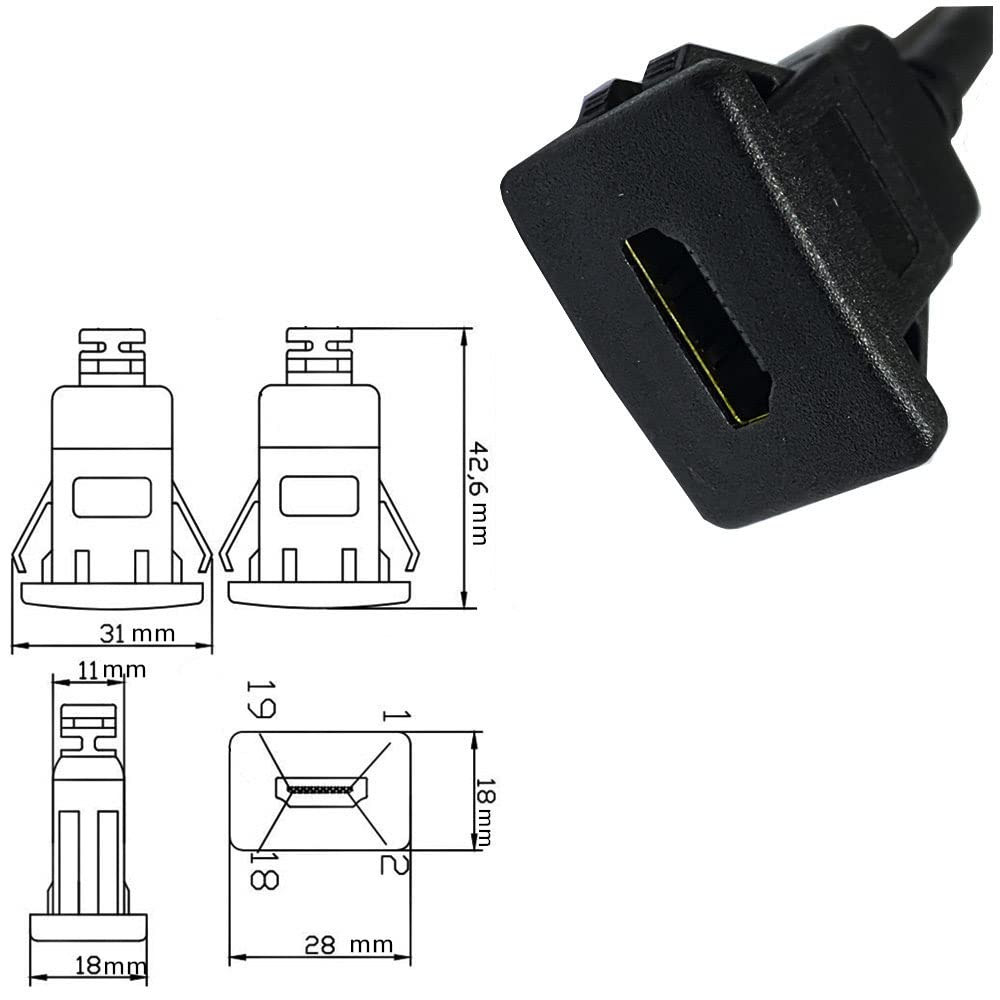 Qaoquda HDMI Square Flush Mount Cable, HDMI Male to Female Mount Extension Cable, Dash Flush Panel Mount Cable for Car, Boat and Motorcycle 1M/3Ft