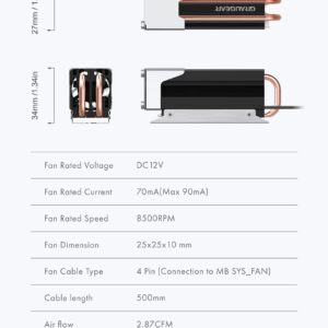 GRAUGEAR M.2 2280 SSD Heatsink, Direct-Touch Heat of Dual Copper Heat Pipes, 25mm Cooling Fan Built-in PWM Control, Aluminum Plate-Fin Design, Thermal Pads incl., 1.34 in Height [G-M2HS03-F]