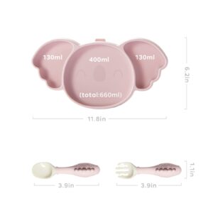 bc babycare Silicone Toddler Plates, Suction Plates for Baby Include Spoon, Fork and Straw, Self Feeding Training Divided Plates Set, Microwave & Dishwasher Safe & BPA Free (Pink Cute Koala)