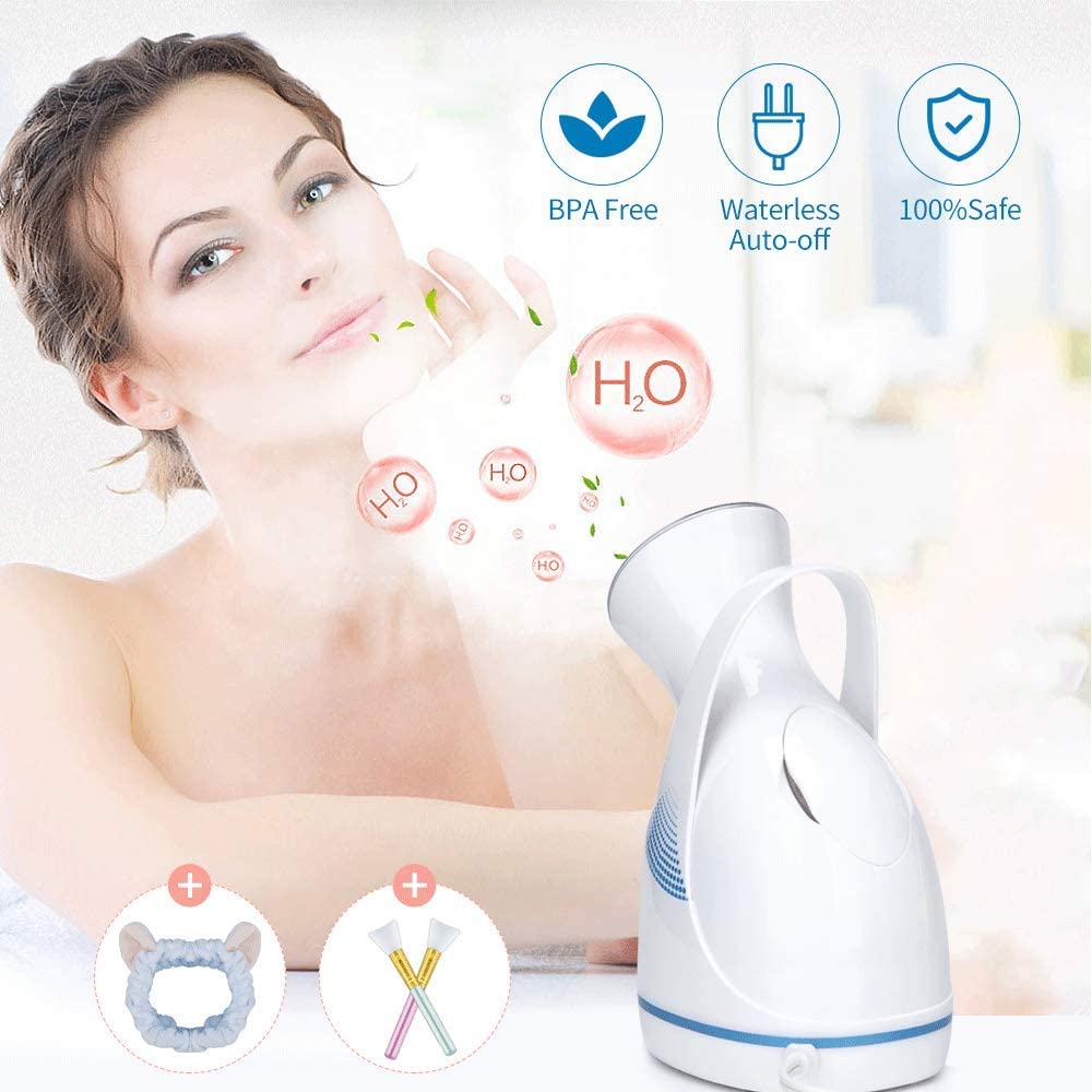 Facial Steamer, VillSure Nano Ionic Face Steamers for Facial, 100ml Portable Home Facial Humidifier Warm Mist Steam Face Machine Sauna SPA Face Steaming Skincare with Face Brushes and Hair Band