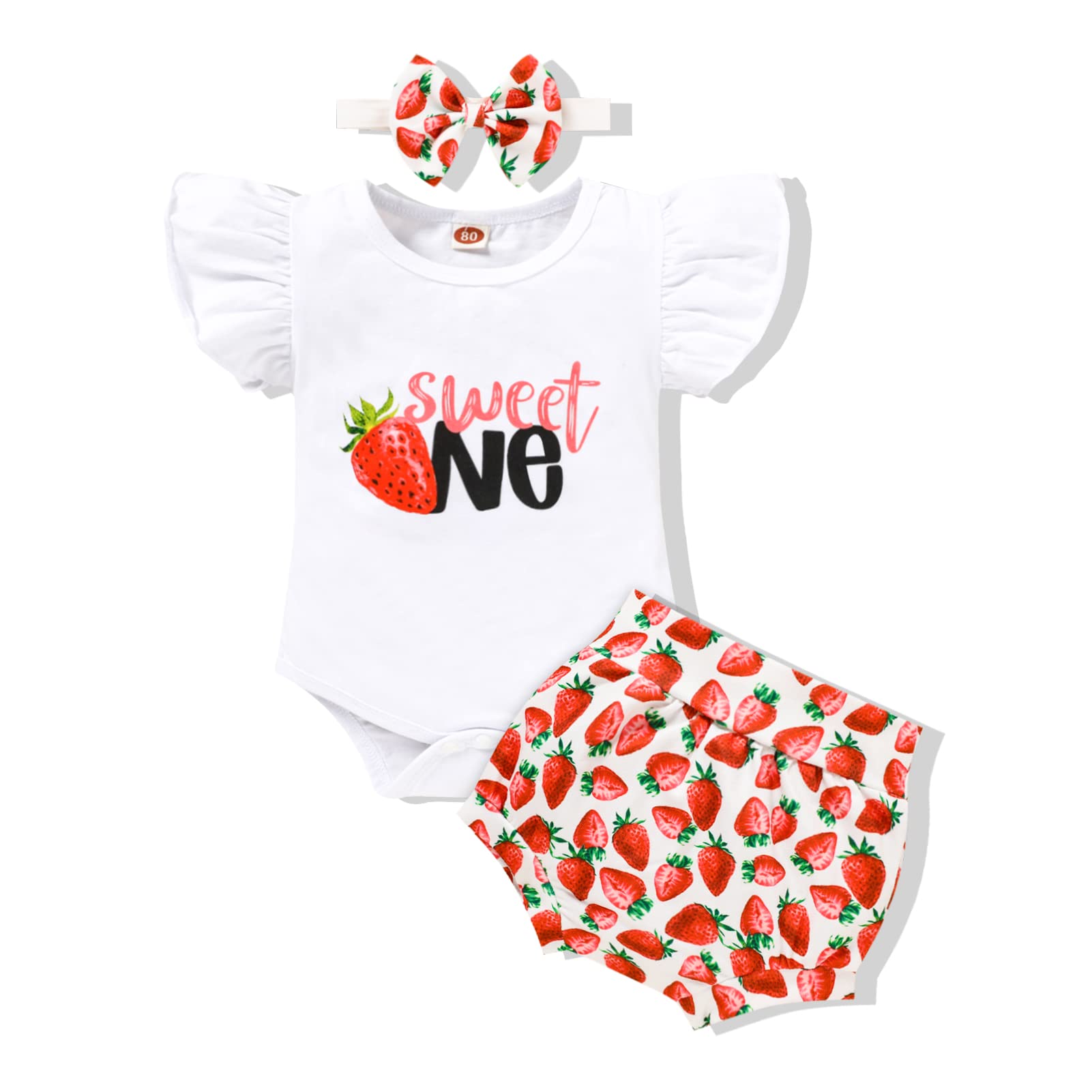 Viworld Baby Girl 1st Birthday Outfits Ruffle Sleeve Romper+Strawberry Bottoms Diaper Shorts+Headband Cake Smash Clothes Set,(White Strawberry,12-18M)