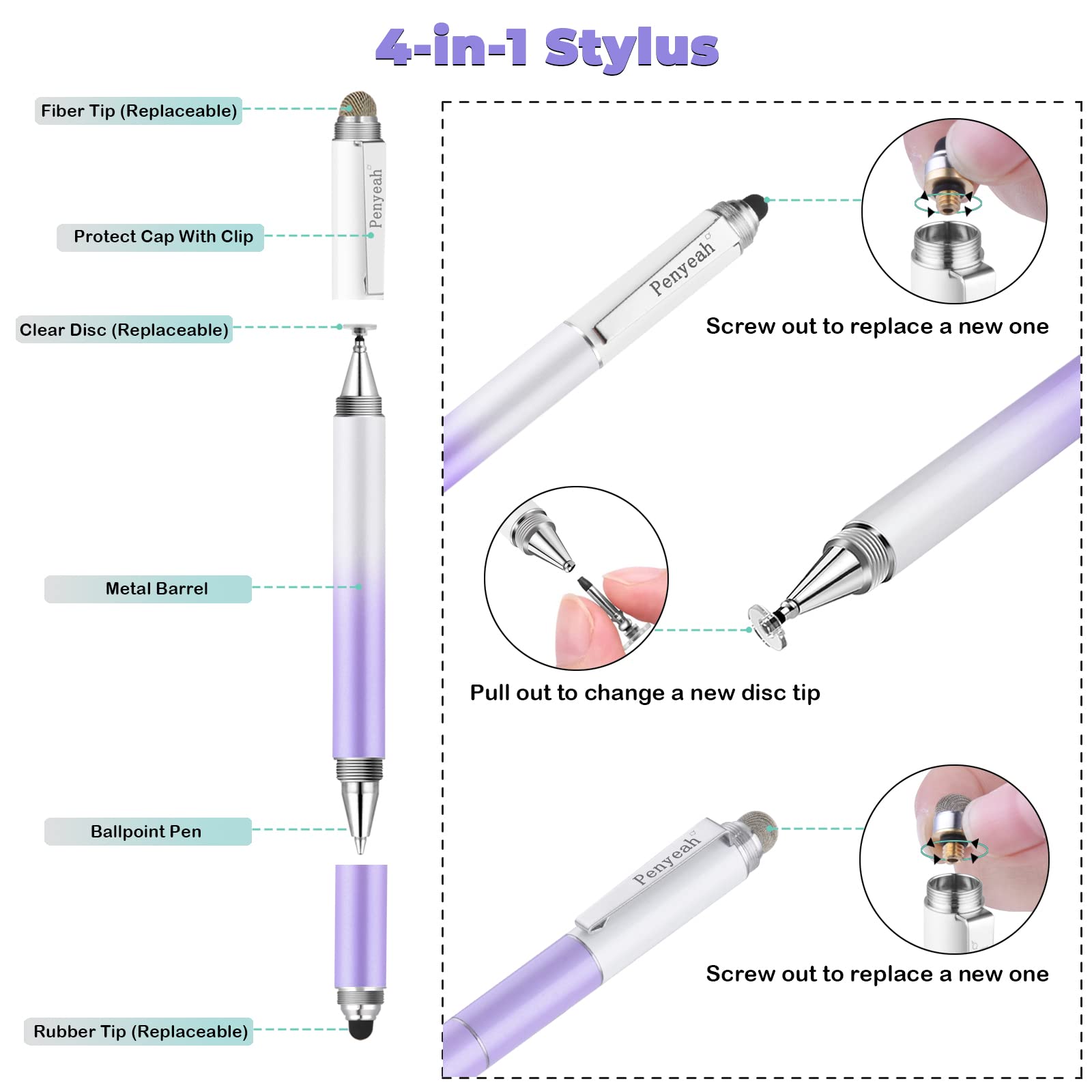 Penyeah Stylus Pen for iPad/iPhone/Android (4 in 1),Universal Touch Screen Disc Tip/Mesh & Rubber Tip Stylist Pen for All Capacitive Phones/Tablets/Laptops-Dream Purple