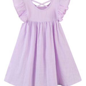 GSVIBK Baby Girls Linen Cotton Dress Halter Flutter Sleeve Casual Dress Toddler Girl Ruffle Sleeve Dress 686 Lavender 90