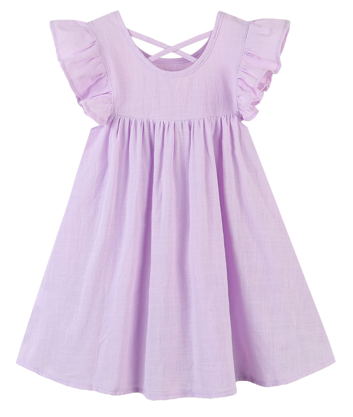 GSVIBK Baby Girls Linen Cotton Dress Halter Flutter Sleeve Casual Dress Toddler Girl Ruffle Sleeve Dress 686 Lavender 90