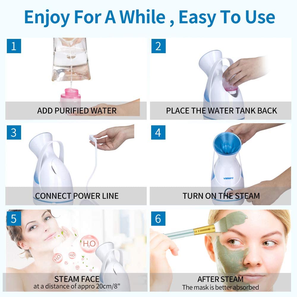 Facial Steamer, VillSure Nano Ionic Face Steamers for Facial, 100ml Portable Home Facial Humidifier Warm Mist Steam Face Machine Sauna SPA Face Steaming Skincare with Face Brushes and Hair Band