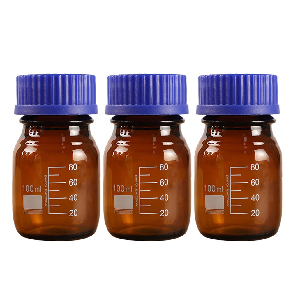 100ml Storage Glass Bottles with Cap - 3pcs Round Media Storage Bottles Amber Graduated Lab Reagent Container for Lab Scientific Glassware Classrooms Home