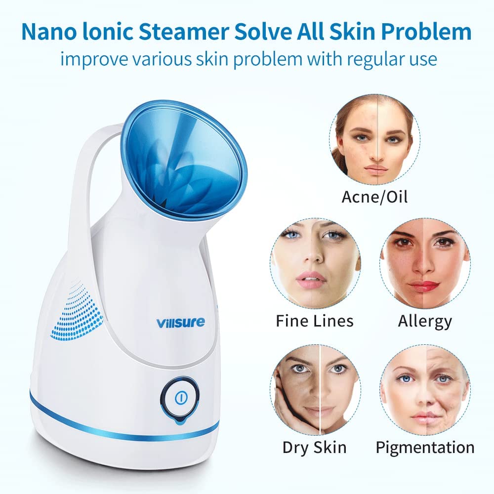 Facial Steamer, VillSure Nano Ionic Face Steamers for Facial, 100ml Portable Home Facial Humidifier Warm Mist Steam Face Machine Sauna SPA Face Steaming Skincare with Face Brushes and Hair Band