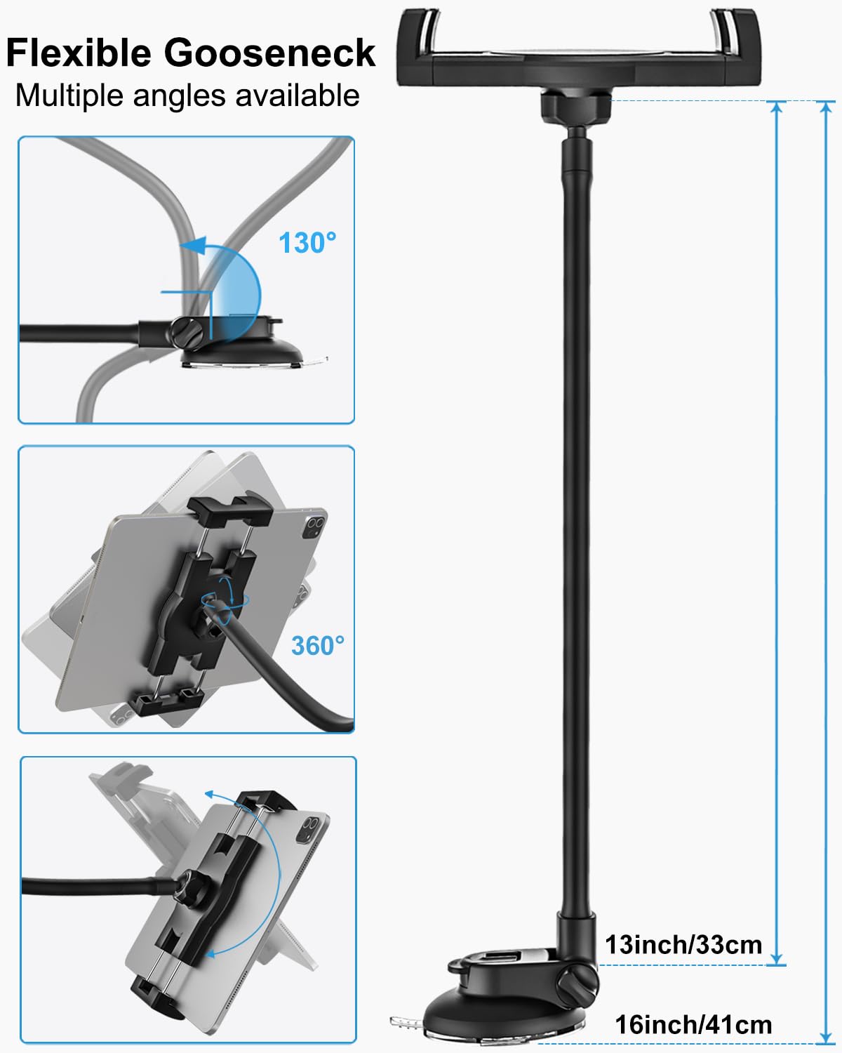 woleyi Tablet Holder for Car Dashboard Windshield [Gooseneck Long Arm] Suction Cup iPad Holder for Car, Car Tablet Mount Compatible with iPad Pro Air Mini, Galaxy Tabs, Cell Phones, 4.7-13" Devices