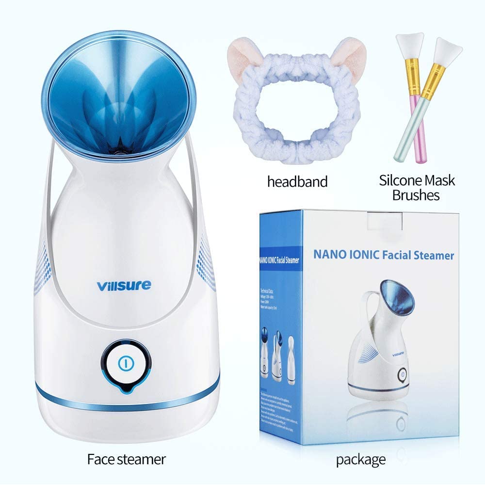 Facial Steamer, VillSure Nano Ionic Face Steamers for Facial, 100ml Portable Home Facial Humidifier Warm Mist Steam Face Machine Sauna SPA Face Steaming Skincare with Face Brushes and Hair Band