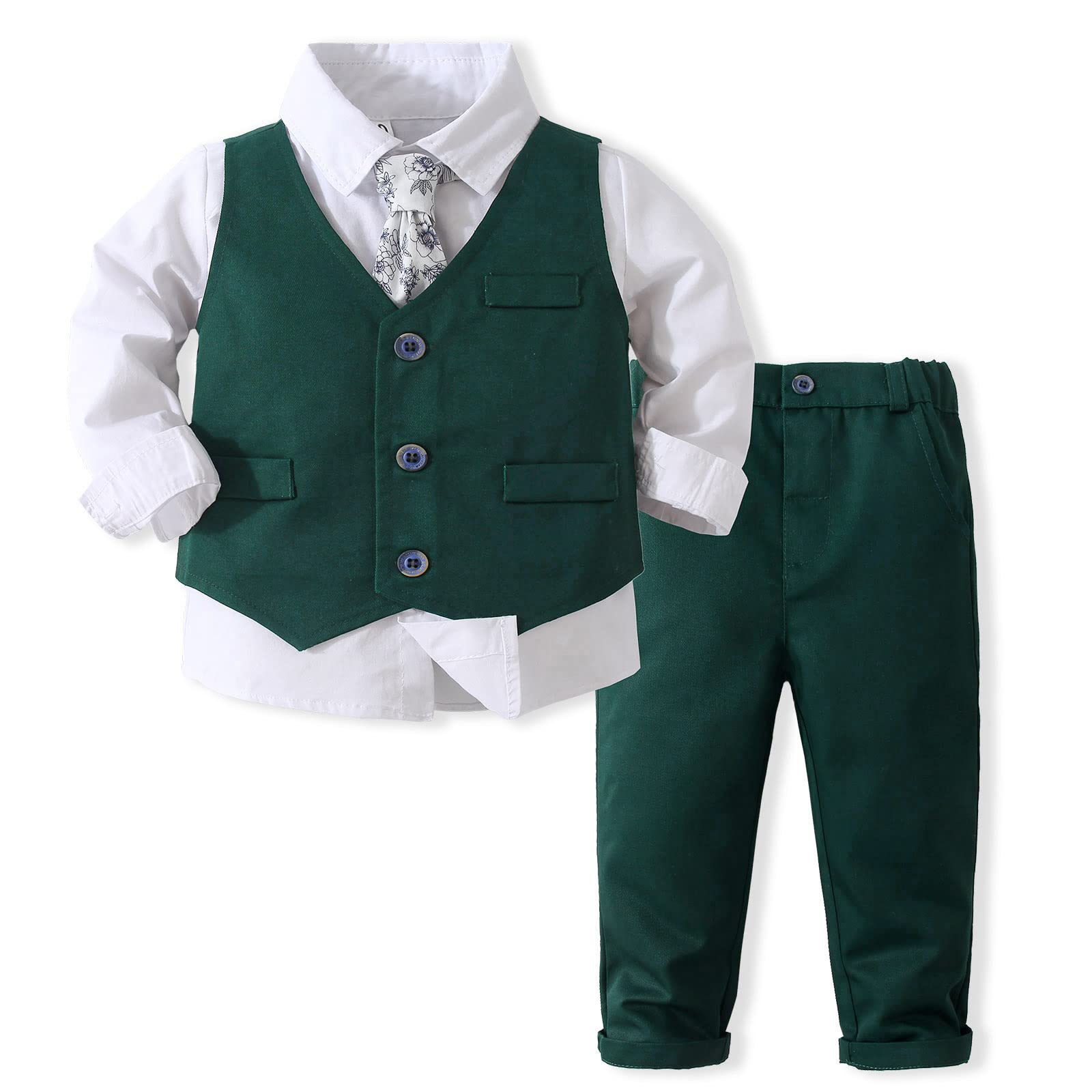 Kimocat Baby Boy Clothes Outfit Suit Long Sleeve Gentleman Tuxedo Vest Wedding Birthday Party Suit (US, Age, 2 Years, Green)