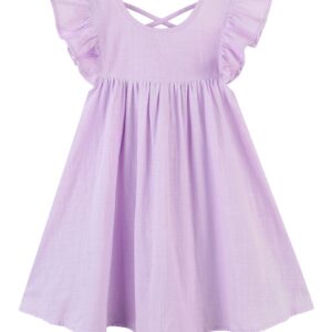 GSVIBK Baby Girls Linen Cotton Dress Halter Flutter Sleeve Casual Dress Toddler Girl Ruffle Sleeve Dress 686 Lavender 90