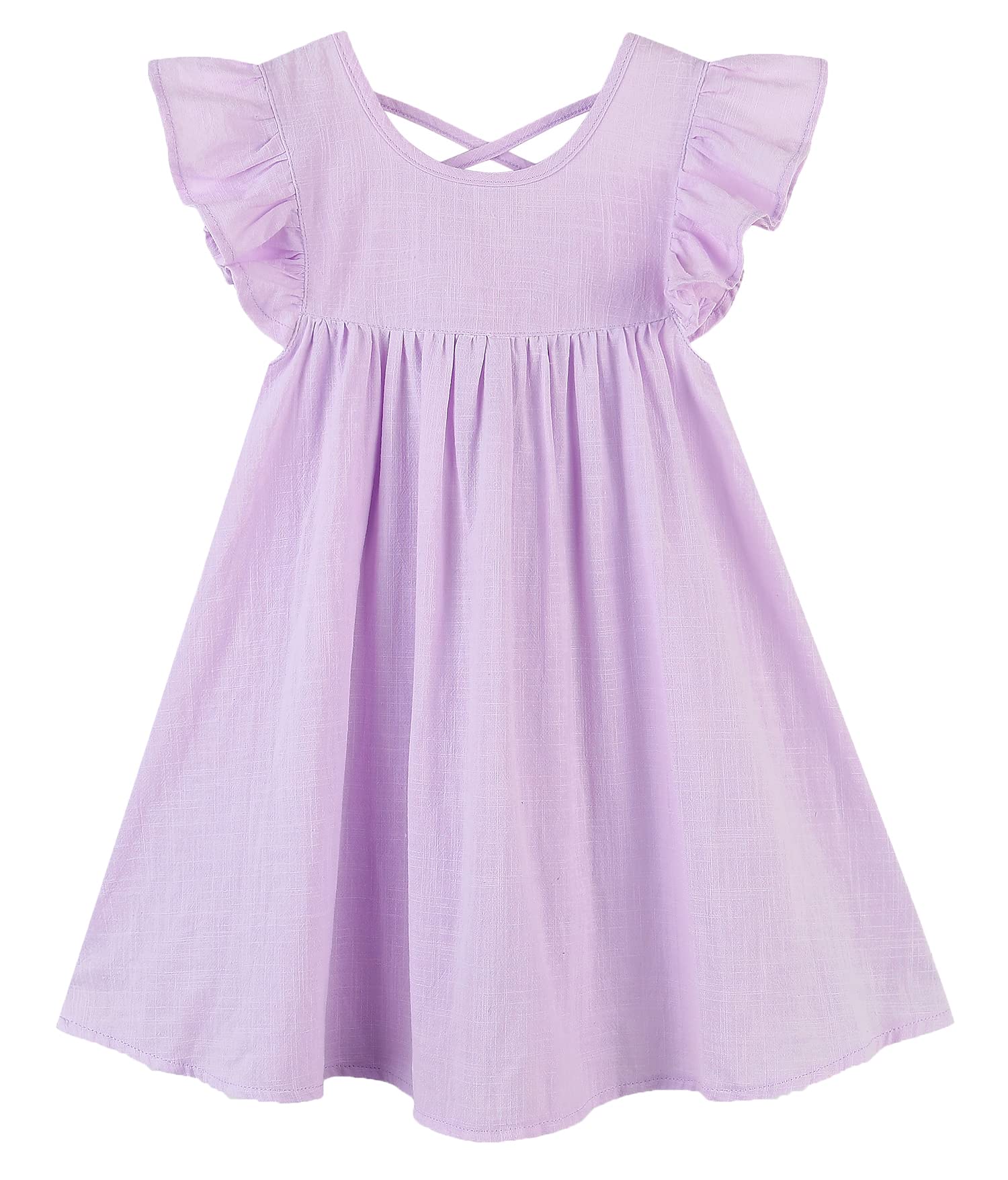 GSVIBK Baby Girls Linen Cotton Dress Halter Flutter Sleeve Casual Dress Toddler Girl Ruffle Sleeve Dress 686 Lavender 90