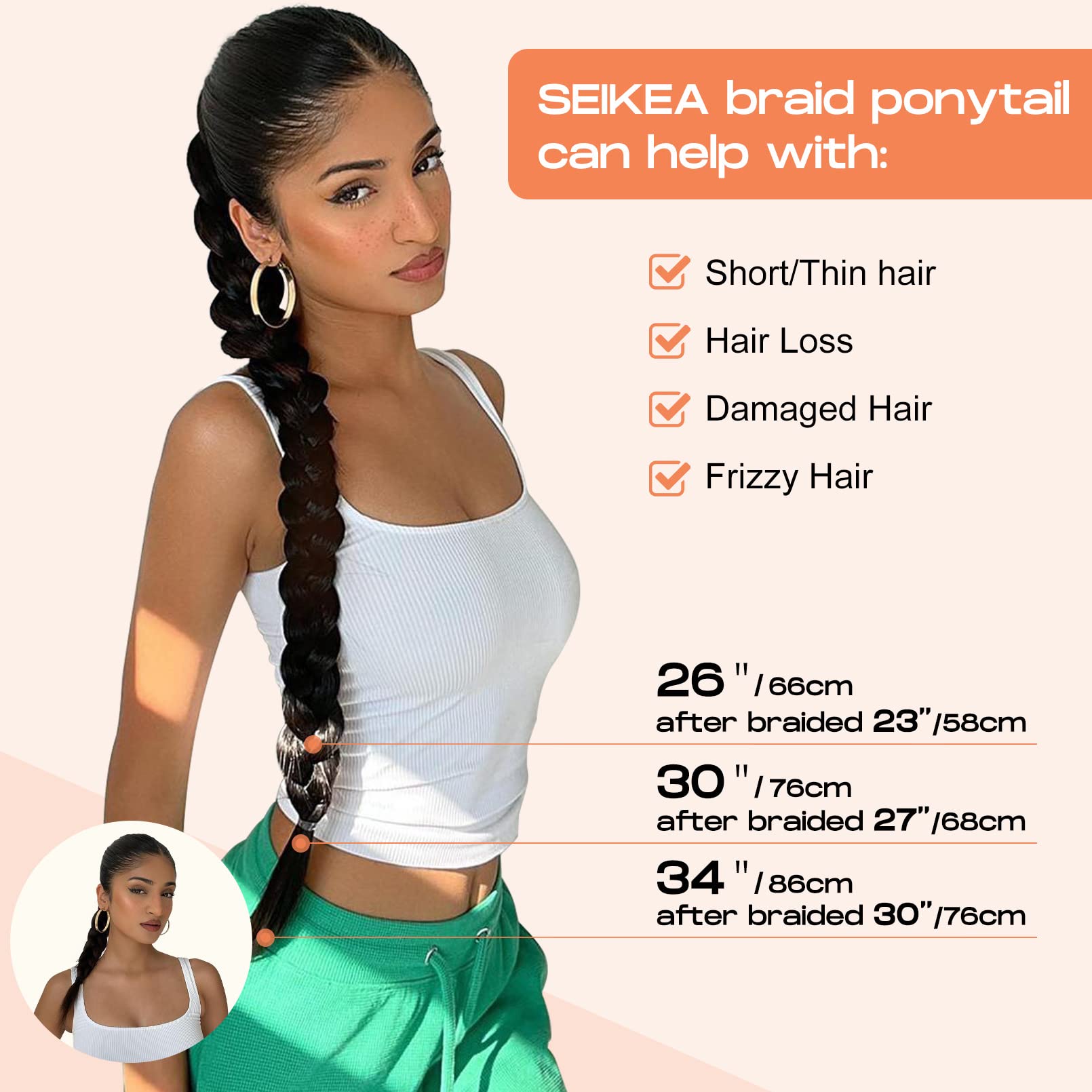 SEIKEA Long Braided Ponytail Extension with Hair Tie Straight Wrap Around Hair Extensions Ponytail Natural Soft Synthetic Hair Piece for Women Daily Wear 34 Inch 150 Gram Black