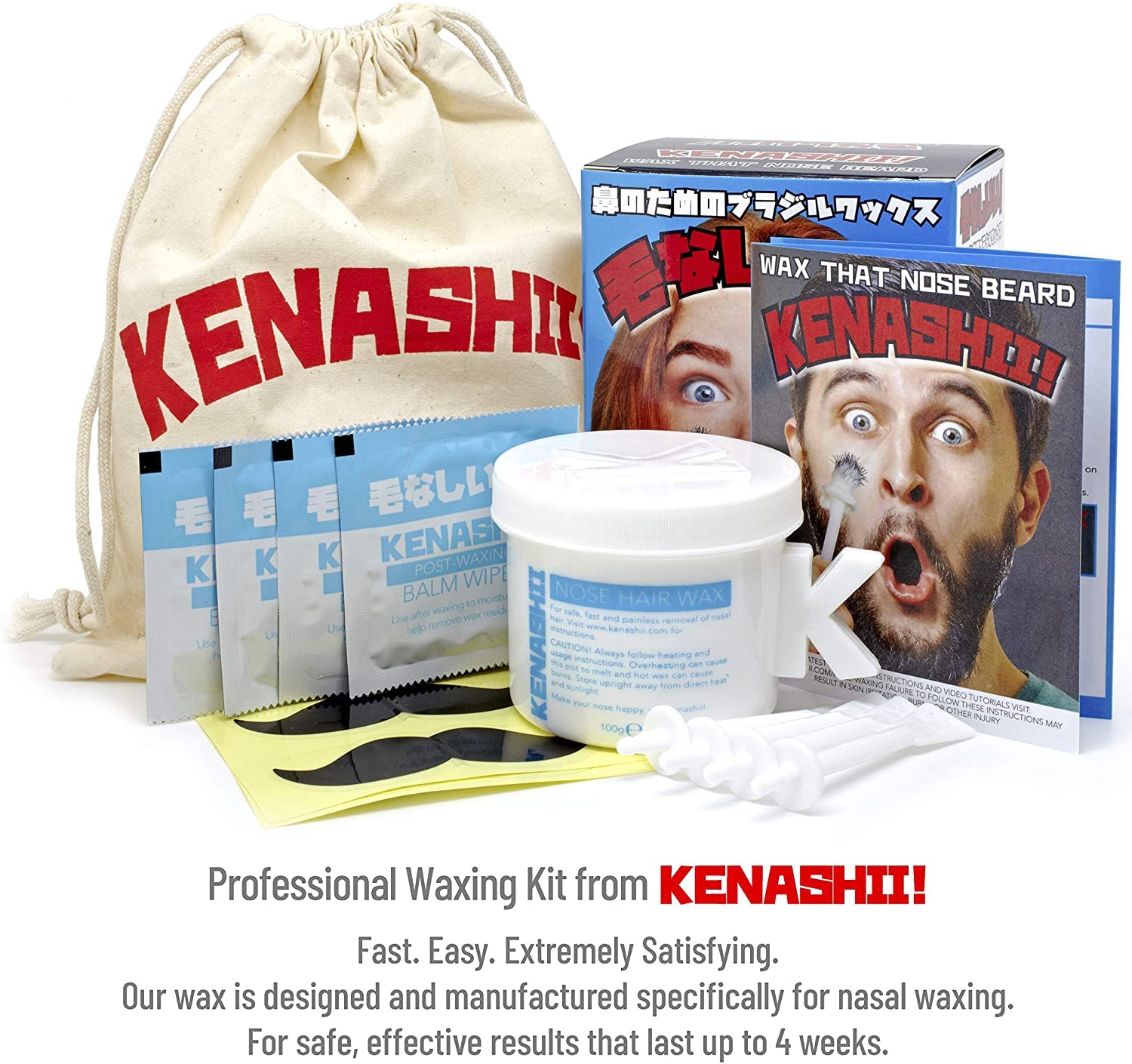 Kenashii Nose Waxing Kit and 60 Grip n' Rip Nasal Wax Applicators Bundle, 100g of Wax, 12 Mustache Protectors, Balm Wipes and Radical Carry Bag, Total of 84 Applicators