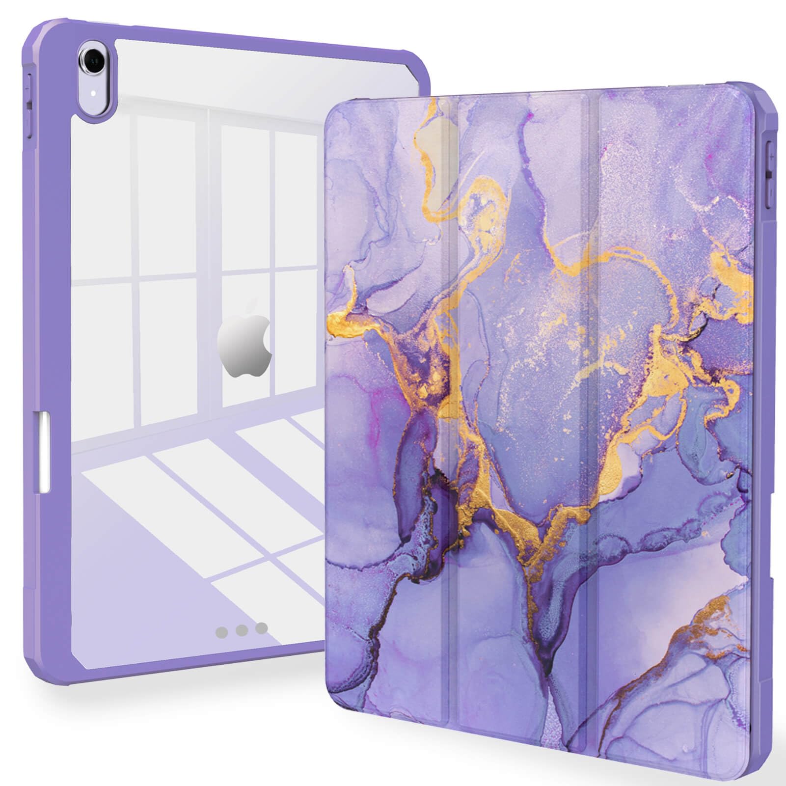 Feams Case for iPad Air 11-inch M2 (2024), iPad Air 5th Generation Case, iPad Air 5th/4th 10.9 Inch 2022/2020 Case Clear Back with Auto Sleep & Pencil Holder for iPad Air 5/4, Purple Gold Marble