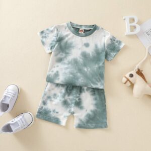 Aruzig Toddler Baby Boys Tie-Dye Outfits Short Sleeve T-Shirt Tops+Short Pants 2Pcs Summer Cotton Clothes Set(Light Green Tie-Dye, 18-24 Months)