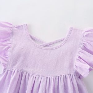 GSVIBK Baby Girls Linen Cotton Dress Halter Flutter Sleeve Casual Dress Toddler Girl Ruffle Sleeve Dress 686 Lavender 90