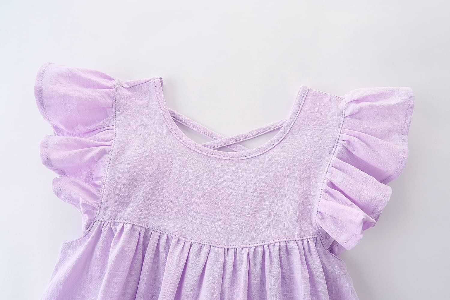 GSVIBK Baby Girls Linen Cotton Dress Halter Flutter Sleeve Casual Dress Toddler Girl Ruffle Sleeve Dress 686 Lavender 90