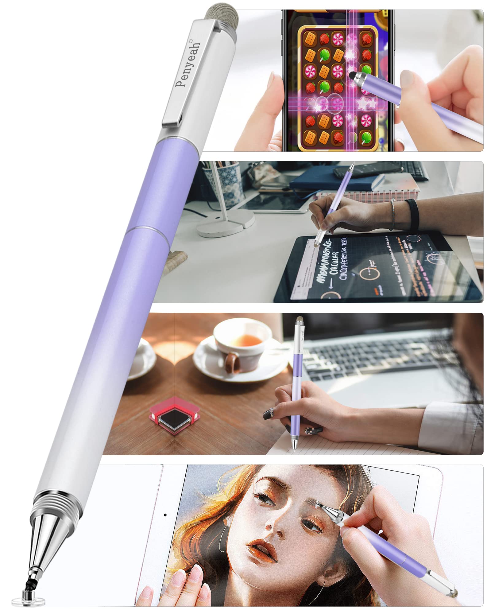 Penyeah Stylus Pen for iPad/iPhone/Android (4 in 1),Universal Touch Screen Disc Tip/Mesh & Rubber Tip Stylist Pen for All Capacitive Phones/Tablets/Laptops-Dream Purple