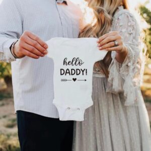 Pregnancy Announcement for Dad - Hello Daddy Baby Onesie, Baby Shoes, Pregnancy Test Keepsake Box, Pregnancy Reveal Card - Surprise Baby Announcement Gifts Set for Husband Partner