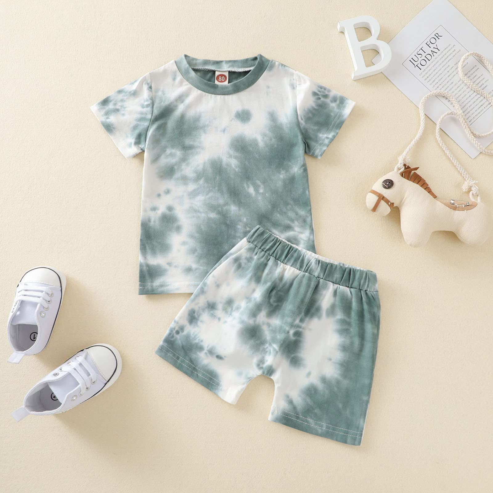 Aruzig Toddler Baby Boys Tie-Dye Outfits Short Sleeve T-Shirt Tops+Short Pants 2Pcs Summer Cotton Clothes Set(Light Green Tie-Dye, 18-24 Months)