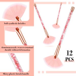 12 Pcs Fan Brushes for Facial Mask Brushes with Glitter Quicksand Handle Cosmetic Facial Fan Brushes Soft Facial Mask Brush Applicator Facial Peel Applicator Face Mask Tools with Pouch (Pink)