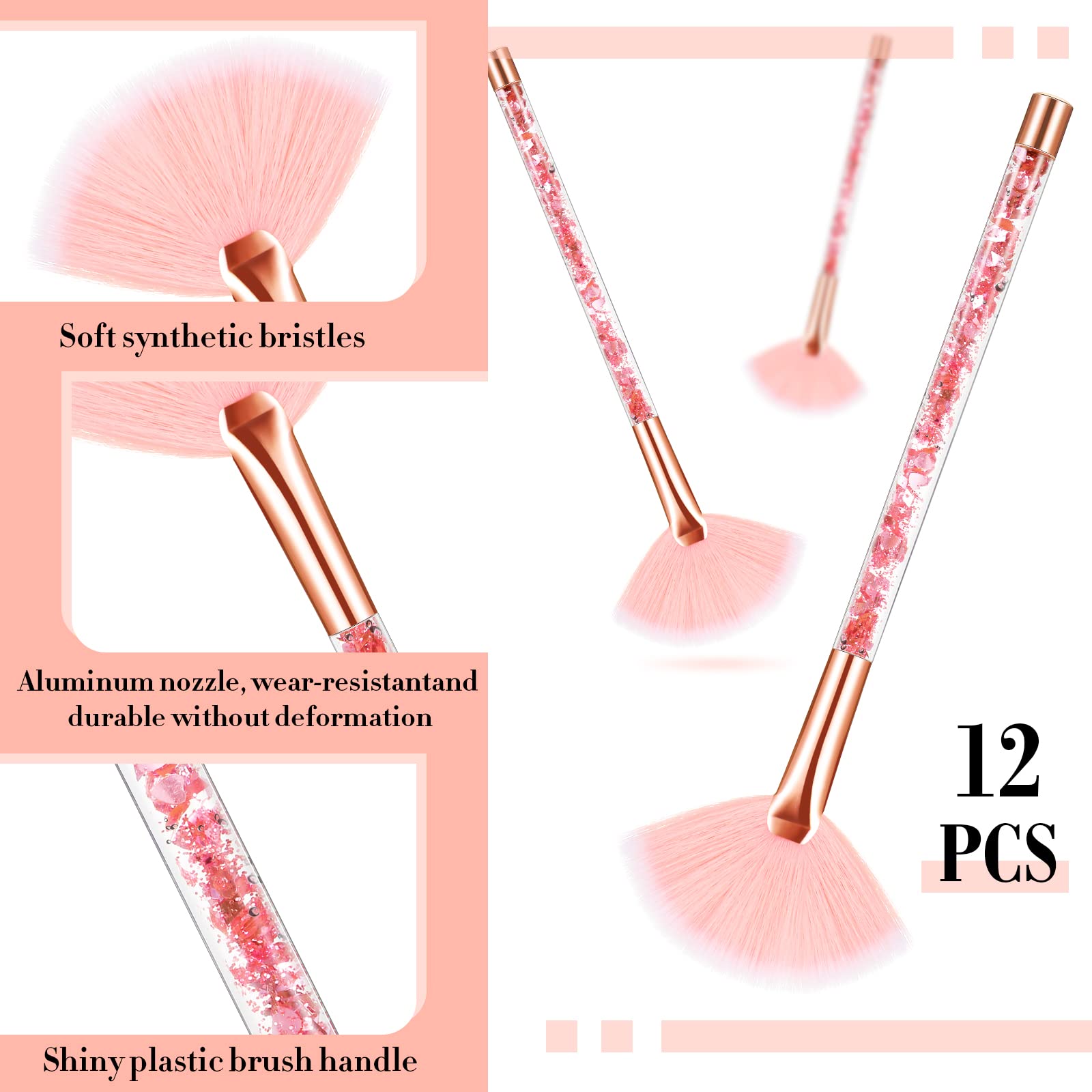 12 Pcs Fan Brushes for Facial Mask Brushes with Glitter Quicksand Handle Cosmetic Facial Fan Brushes Soft Facial Mask Brush Applicator Facial Peel Applicator Face Mask Tools with Pouch (Pink)