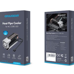 GRAUGEAR M.2 2280 SSD Heatsink, Direct-Touch Heat of Dual Copper Heat Pipes, 25mm Cooling Fan Built-in PWM Control, Aluminum Plate-Fin Design, Thermal Pads incl., 1.34 in Height [G-M2HS03-F]