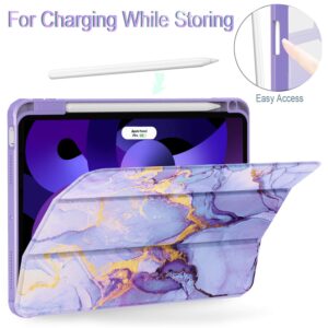 Feams Case for iPad Air 11-inch M2 (2024), iPad Air 5th Generation Case, iPad Air 5th/4th 10.9 Inch 2022/2020 Case Clear Back with Auto Sleep & Pencil Holder for iPad Air 5/4, Purple Gold Marble