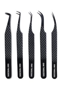 gmi lash tweezers - set of 5 eyelash tweezers- stainless steel eyelash extension tweezers - multipurpose lash tweezers for eyelash extensions for individual. (black)