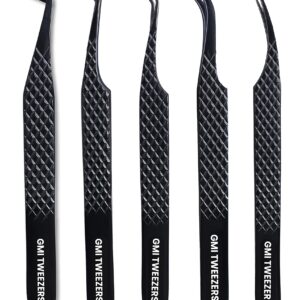 GMI Lash Tweezers - Set of 5 Eyelash Tweezers- Stainless Steel Eyelash Extension Tweezers - Multipurpose Lash Tweezers for Eyelash Extensions for Individual. (Black)