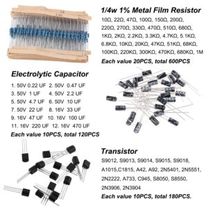 YUEONEWIN 1400Pcs Basic Electronics Component Assortment Kit, Electrolytic Capacitor, Ceramic Capacitor, LED Diode, Common Diode, Resistor, Transistor Component for Arduino, Electronic DIY Project