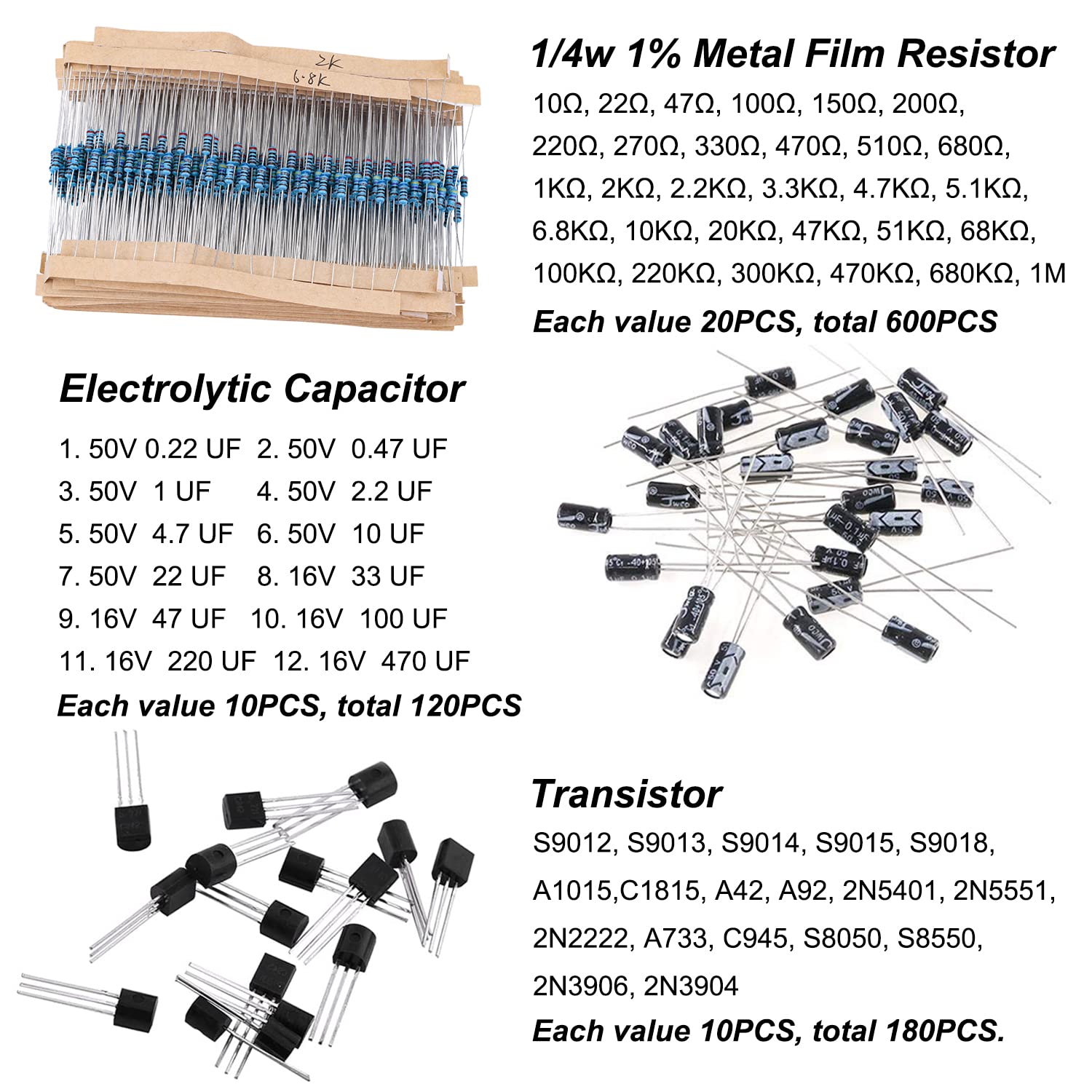 YUEONEWIN 1400Pcs Basic Electronics Component Assortment Kit, Electrolytic Capacitor, Ceramic Capacitor, LED Diode, Common Diode, Resistor, Transistor Component for Arduino, Electronic DIY Project