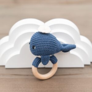 KawaiOnO Handmade Cotton Crochet Amigurumi Rattle - Educational Baby Stuff for New Moms, Stuffed Animals for Infants, Baby Boy Stuff - Blue Whale with Wooden Handle - Perfect for Newborns and Toddlers