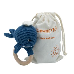 kawaiono handmade cotton crochet amigurumi rattle - educational baby stuff for new moms, stuffed animals for infants, baby boy stuff - blue whale with wooden handle - perfect for newborns and toddlers