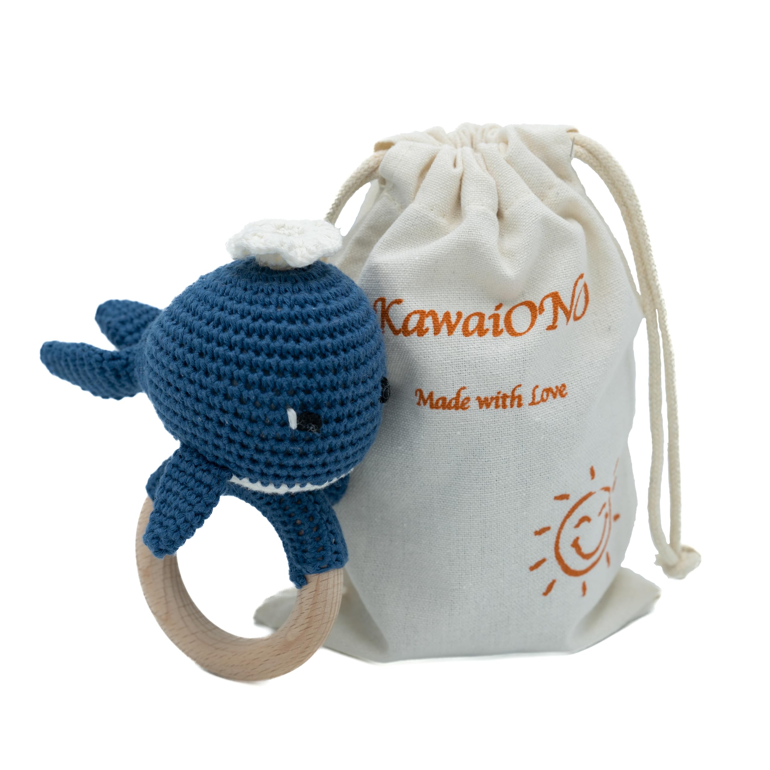 KawaiOnO Handmade Cotton Crochet Amigurumi Rattle - Educational Baby Stuff for New Moms, Stuffed Animals for Infants, Baby Boy Stuff - Blue Whale with Wooden Handle - Perfect for Newborns and Toddlers