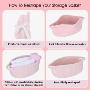 XUANGUO Small Woven Basket Cute Oval Cotton Rope Gifts Basket with Handle Empty Baby Wicker Storage Basket nursery Box Bin kids organizer Cat Dog toy basket Easter Basket light pink