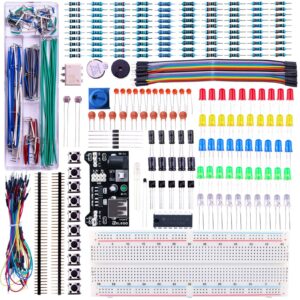 elegoo upgraded electronics fun kit w/power supply module, jumper wire, precision potentiometer, 830 tie-points breadboard compatible with arduino, stm32