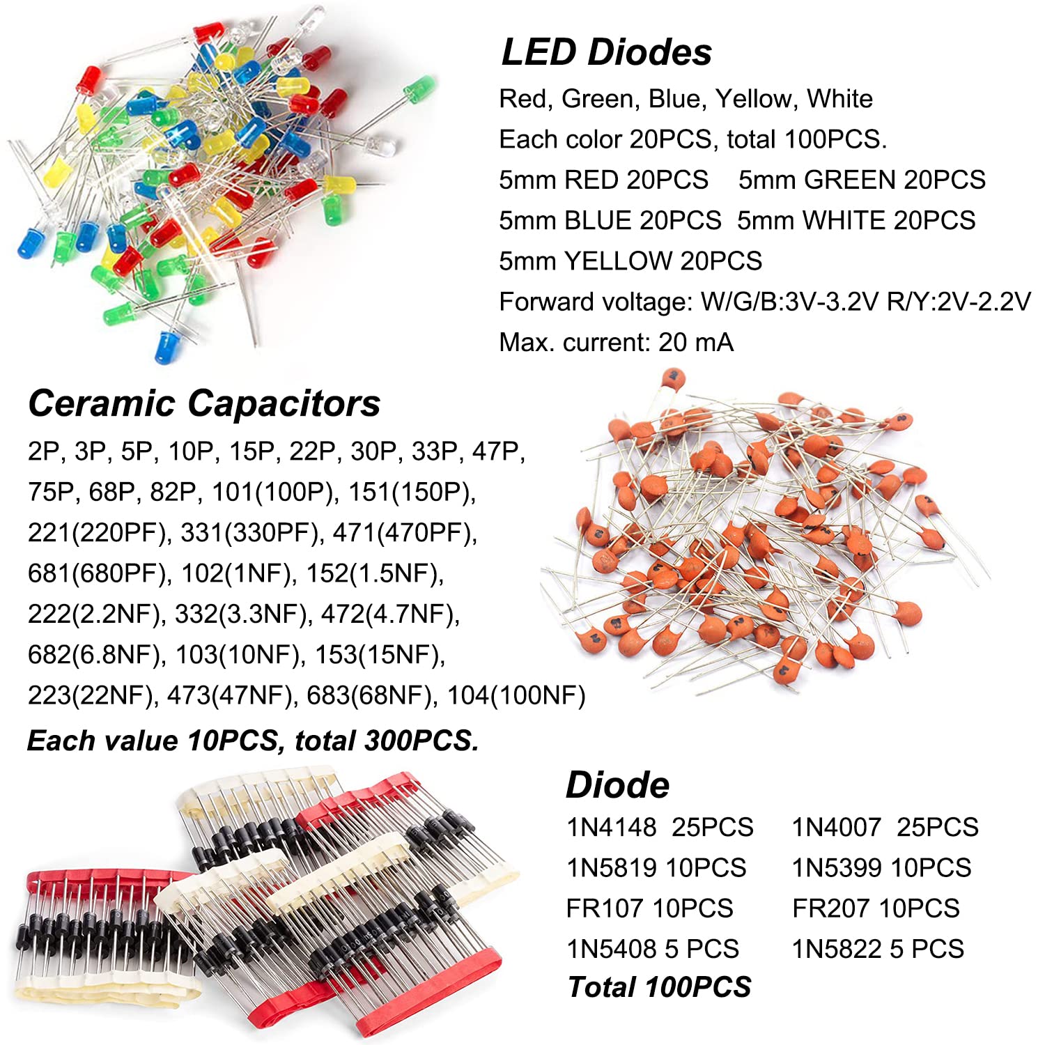 YUEONEWIN 1400Pcs Basic Electronics Component Assortment Kit, Electrolytic Capacitor, Ceramic Capacitor, LED Diode, Common Diode, Resistor, Transistor Component for Arduino, Electronic DIY Project