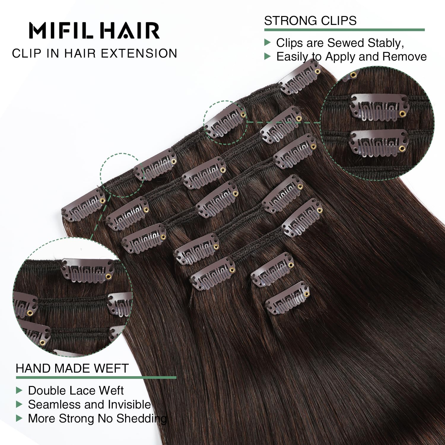 Clip in Hair Extensions Real Human Hair 14inch Remy Hair Extensions Clip ins 105g Dark Brown Double Weft Natural Straight Natural Human Hair Clip in Extensions for Women (14 inch,7pcs, 105g)