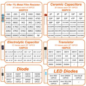 YUEONEWIN 1400Pcs Basic Electronics Component Assortment Kit, Electrolytic Capacitor, Ceramic Capacitor, LED Diode, Common Diode, Resistor, Transistor Component for Arduino, Electronic DIY Project