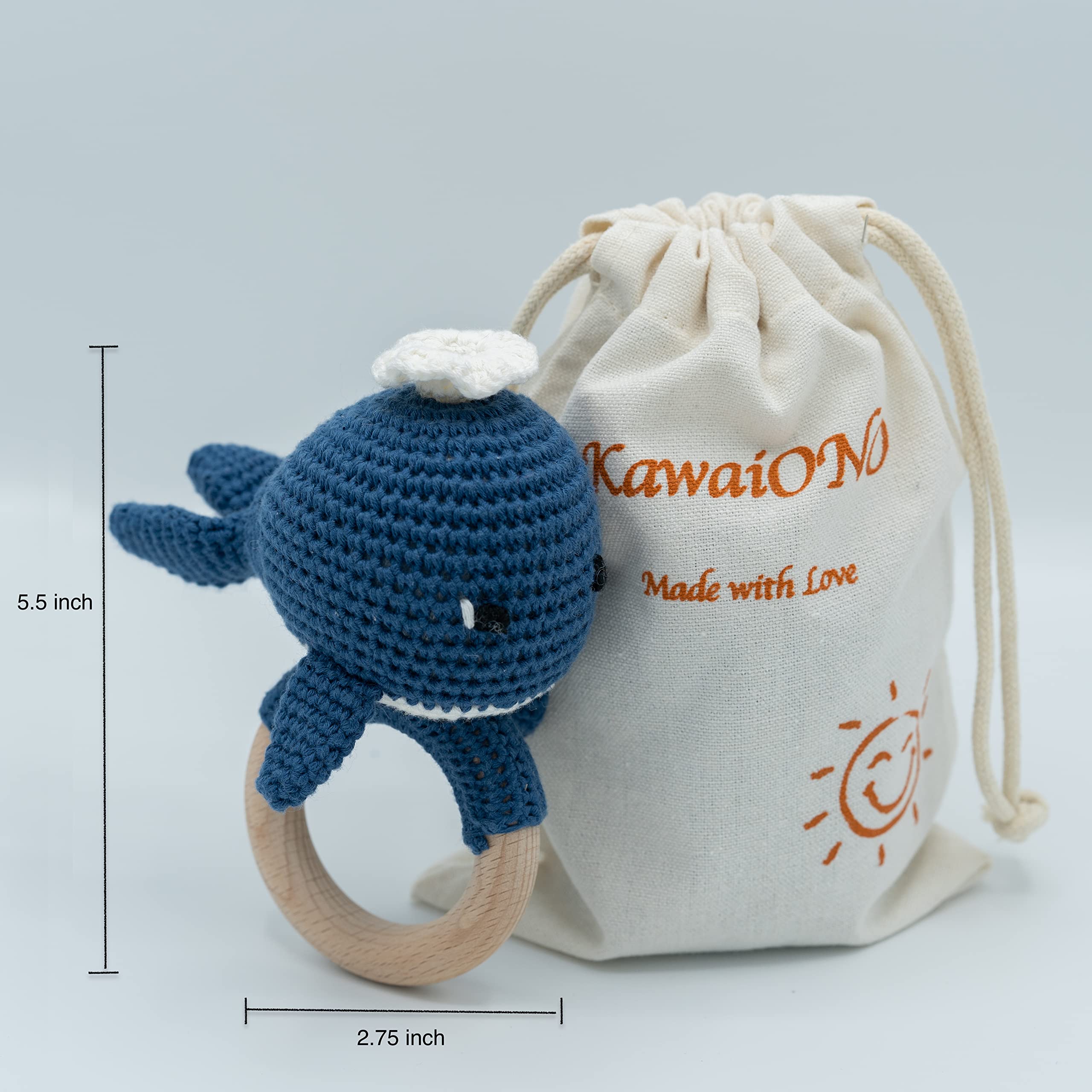 KawaiOnO Handmade Cotton Crochet Amigurumi Rattle - Educational Baby Stuff for New Moms, Stuffed Animals for Infants, Baby Boy Stuff - Blue Whale with Wooden Handle - Perfect for Newborns and Toddlers