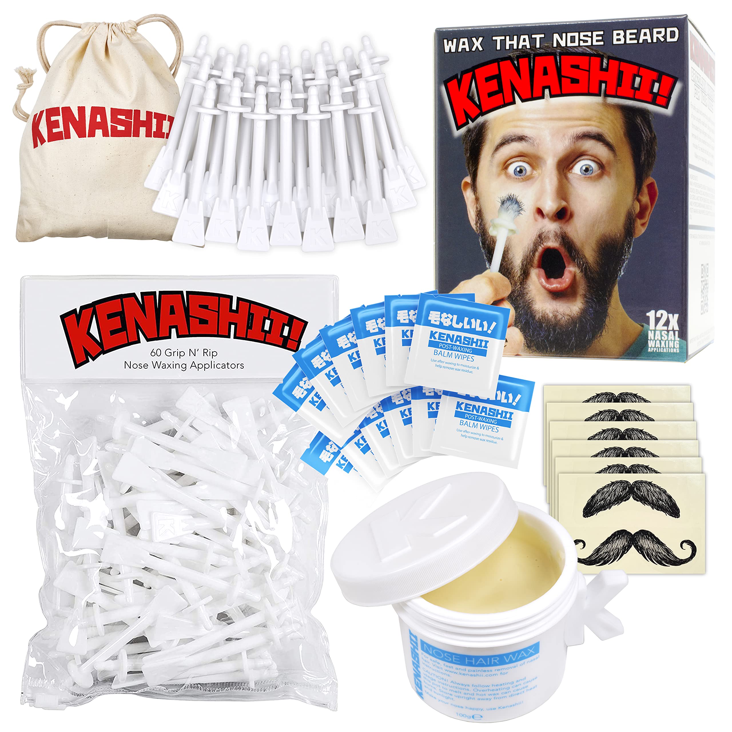 Kenashii Nose Waxing Kit and 60 Grip n' Rip Nasal Wax Applicators Bundle, 100g of Wax, 12 Mustache Protectors, Balm Wipes and Radical Carry Bag, Total of 84 Applicators