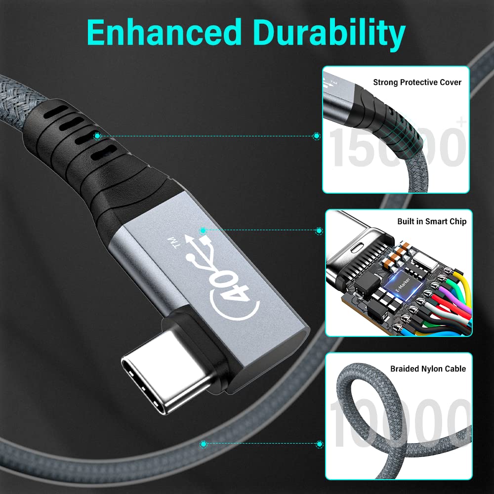 QCEs USB 4 Cable for Right Angle Thunderbolt 4 Cable 6Ft, USB C Video Cable 8K60Hz Display, 40Gbps Data Transfer, 100W PD Charging Compatible with iPhone 15 Pro/Max/Plus MacBook Pro iMac